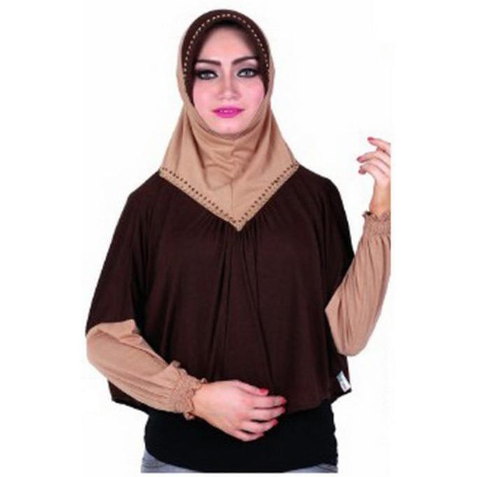 Jilbab / Kerudung Wanita Spandek Coklat Kombinasi Gareu Gdy 7801 Ghtpoef
