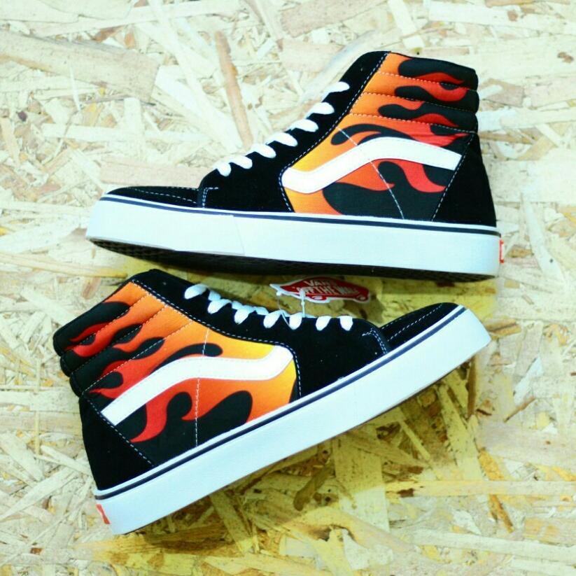 PROMO!!! Sepatu Vans SK8 Pria Casual Sneakers Sekolah Kuliah Gaya Trendi Kekinian Fashion Anak/Wanita Hitam Lidah Api