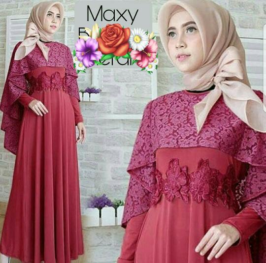 Maxi Githa Marun Variasi Brukat Dan Bunga Timbul Gamis Dres Muslim