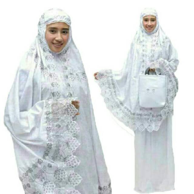 sw Mukenah Bunda+Renda Bordir+Tas Bhn Katun Foil +Atasan Pjg dpn 120cm Pjg belakang 135cm
