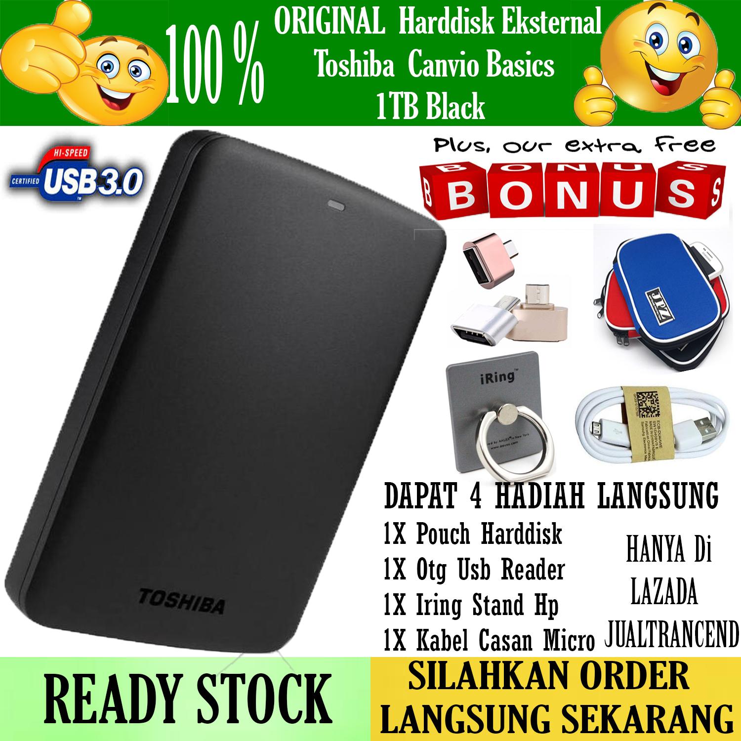 Toshiba Canvio Basic 1TB - HDD / HD / Hardisk Eksternal - Hitam - Gratis Pouch Harddisk + Otg Usb Reader + Iring Stand Hp + Kabel Casan Android