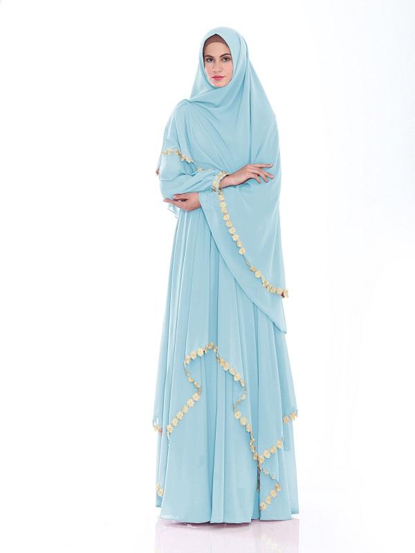 Gamis Syari Pesta Bilqis Baby Blue Biru Muda Elegan Spesial Lebaran
