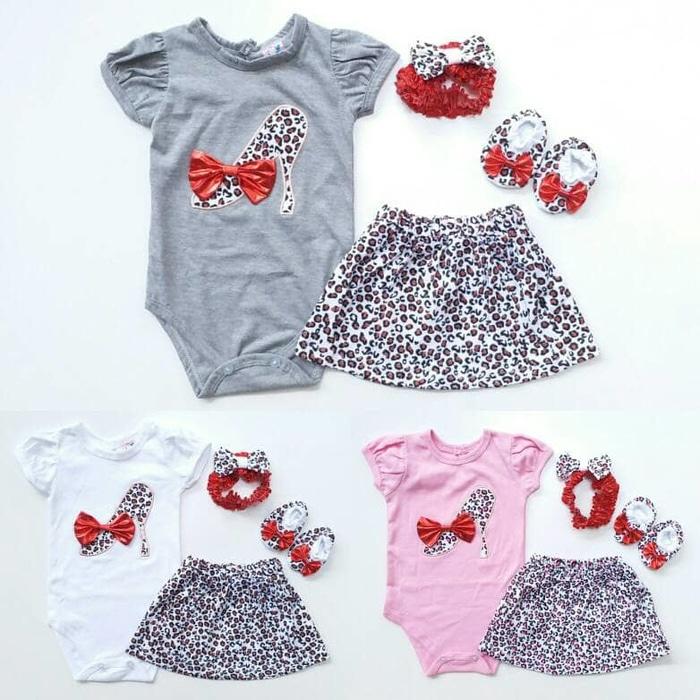 New Jumper Anak Bayi Perempuan Heel Leopard Set Jumper Rok Bandana Sepatu