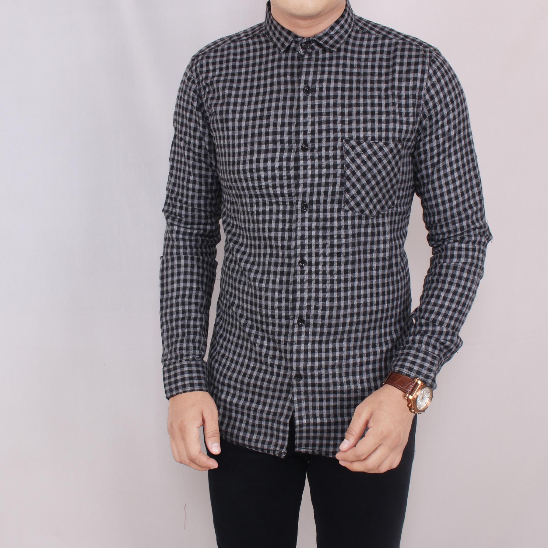 Zoeystore1 5671 Kemeja Flanel Pria Lengan Panjang Baju Kemeja Flannel Cowok Kerja Kantoran Exclusive Merah Kotak Hitam