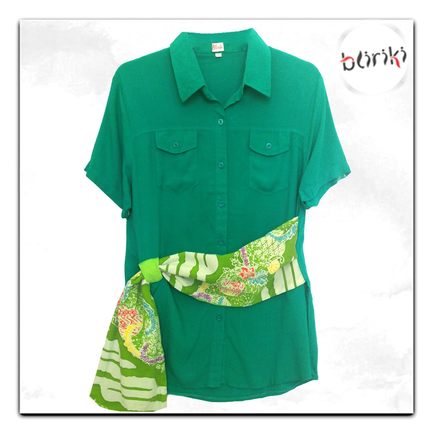 BW65 Kemeja Katun Kombinasi Batik Ikat Cap Lengan Pendek Wanita Murah