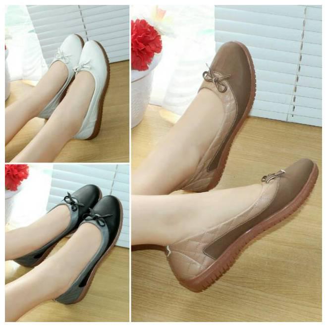 Sepatu Wanita Flat Shoes Murah Kulit Teplek mokka hitam putih BLD0808