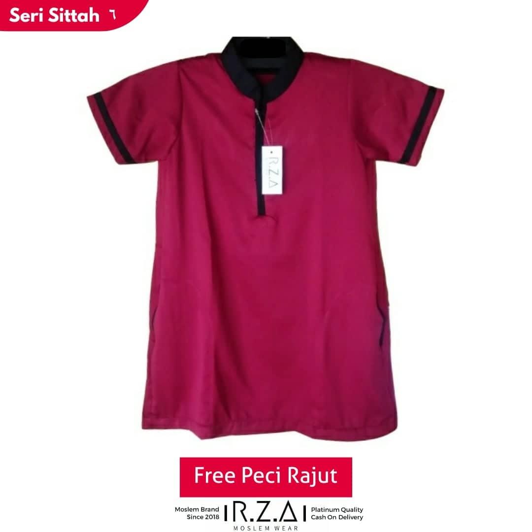 RZA MW Gamis Jubah Anak Seri ( Sittah ) Lengan Pendek Warna Merah Maroon Marun Resleting Polos Kerah Hitam Baju Koko Bayi Dan Balita Model TURKI Polos Ganteng Syari Syari Tidak Isbal Pakistan Arab Lebaran Hari Raya Idul Fitri Baru Lahir