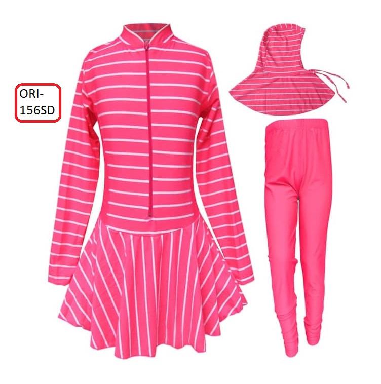 TERBATAS - Baju Renang Anak Muslim Motif Garis Horizontal Pink Cantik Ukuran Lengkap M-XL - 156SD