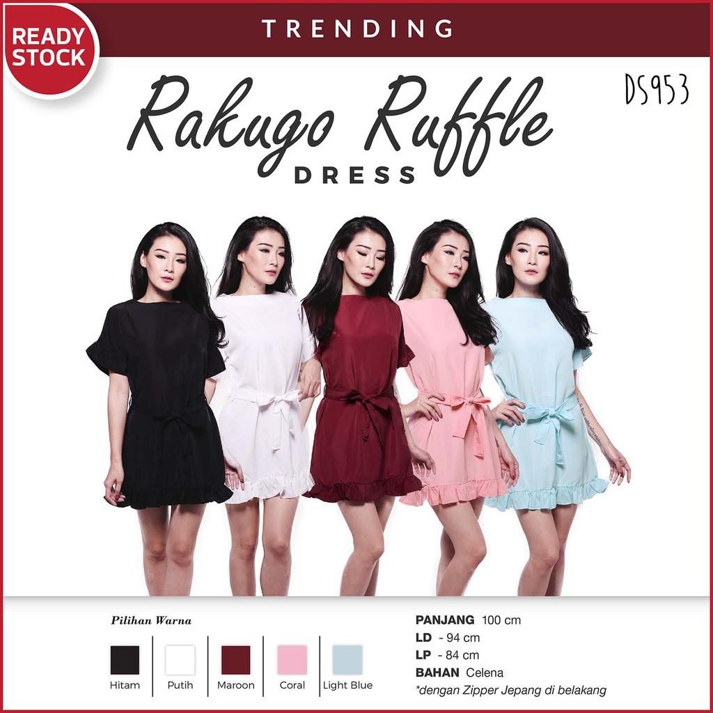 Rakugo Ruffle Dress Casual Gaun Pakaian Wanita DS953