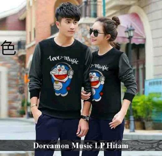 LenganPanjang Baju Couple Lengan Panjang Kaos Pasangan Keren Doraemon Music Hitam