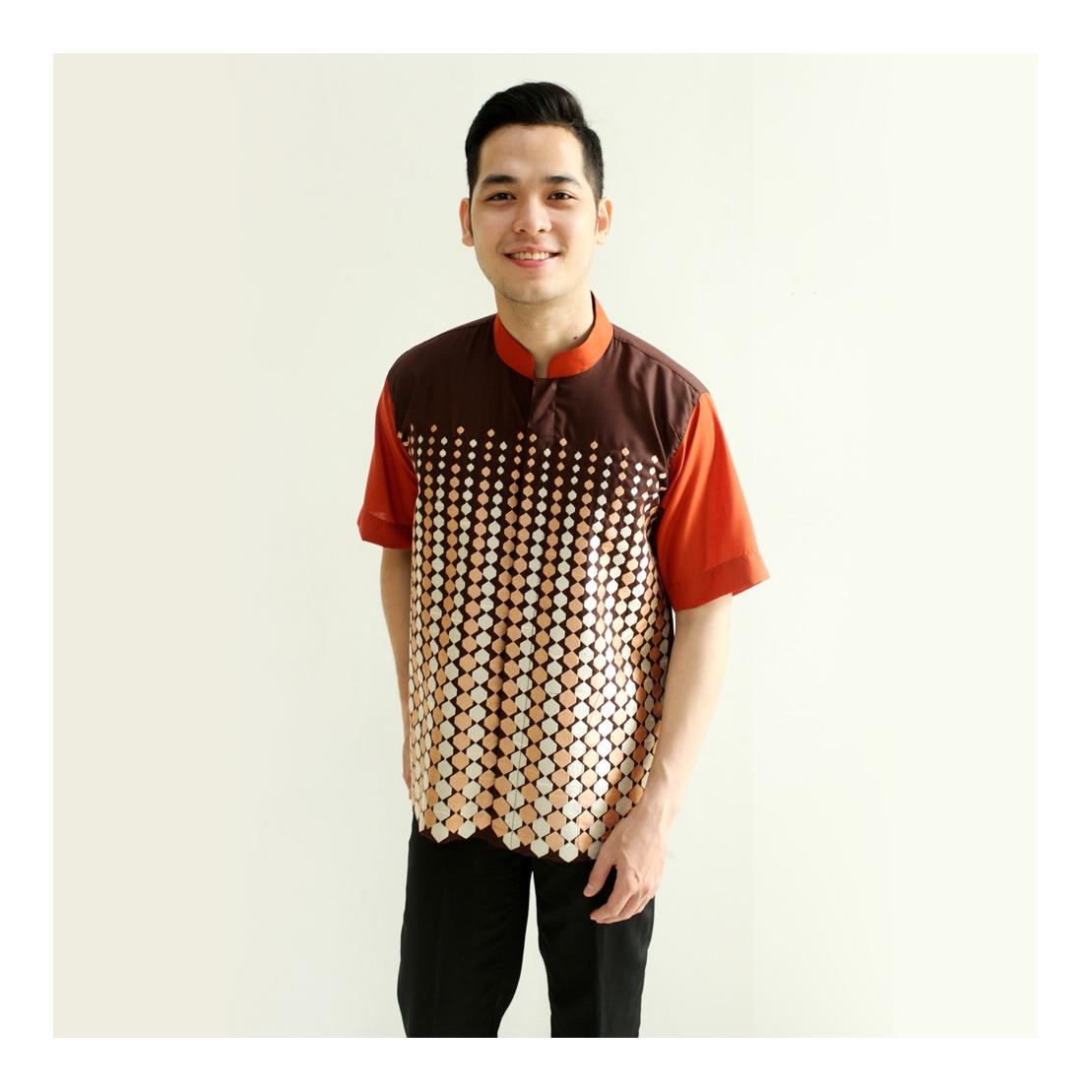Hansen & Lisa Baju Koko Katun Lengan Pendek Motif Bordir Hexagon - Coklat