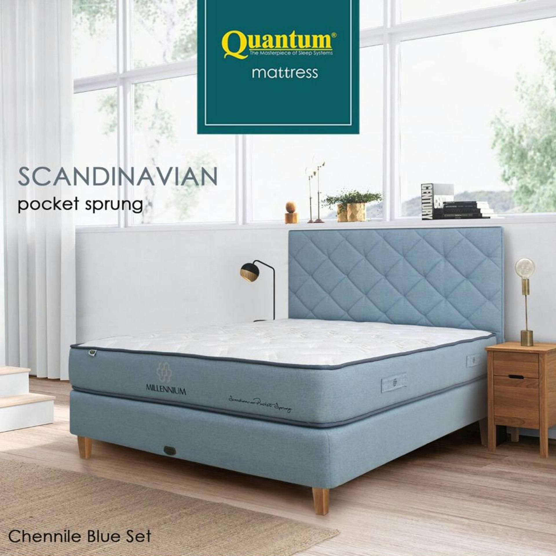 Quantum Springbed Millennium Scandinavian (Pocket Spring) HB Scandia Size 160 x 200 - Chennile Blue - Full Set - Putih - Khusus Jabodetabek