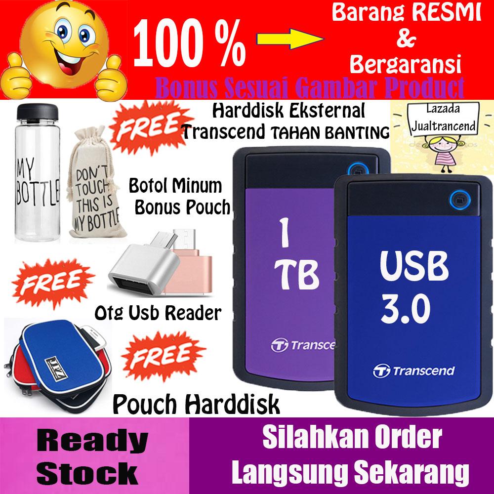Transcend Harddisk External HDD 1TB Storejet 25H3B - BIRU + GRATIS Botol Minum My bottle + Otg Usb Reader + Pouch Harddisk Eksternal