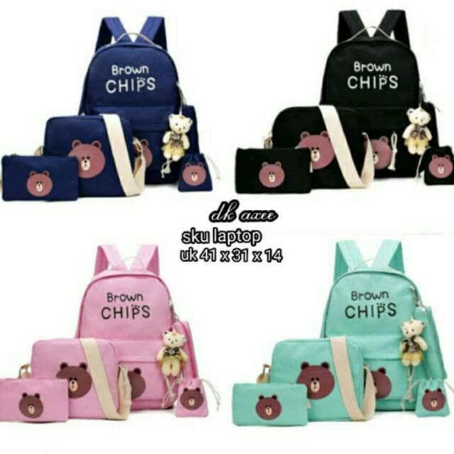 Jual Tas Ransel Punggung Sekolah Anak Wanita Brown Chips 4in1 Grosir Murah Promo