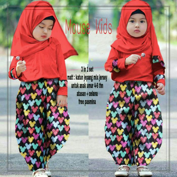 Hana Jasmin Mouse Kid Red Stelan Baju Muslim Anak Baju Stelan