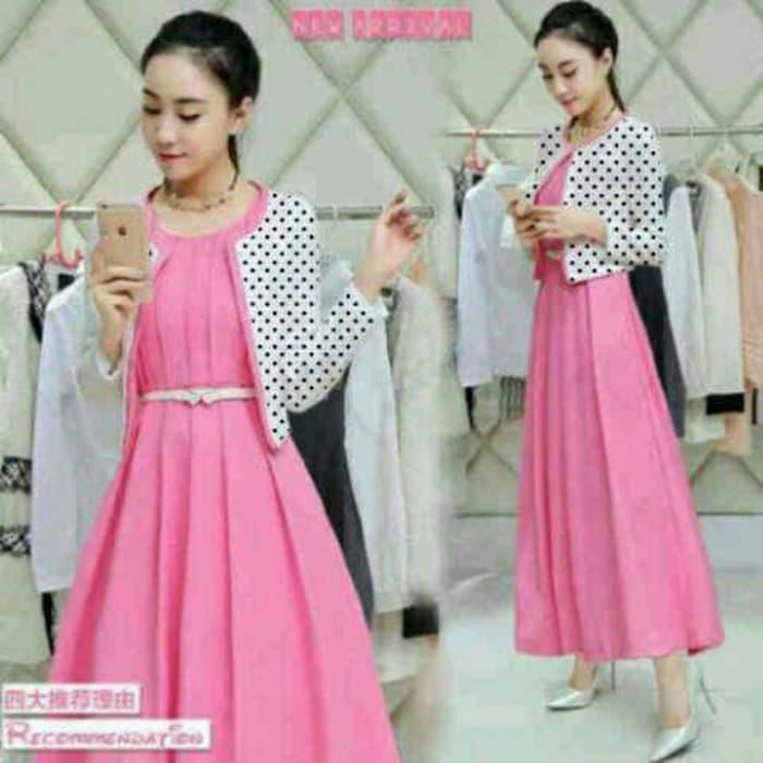 Dress Midi Set Pink Lilian Polka Babyterry Murah Wanita