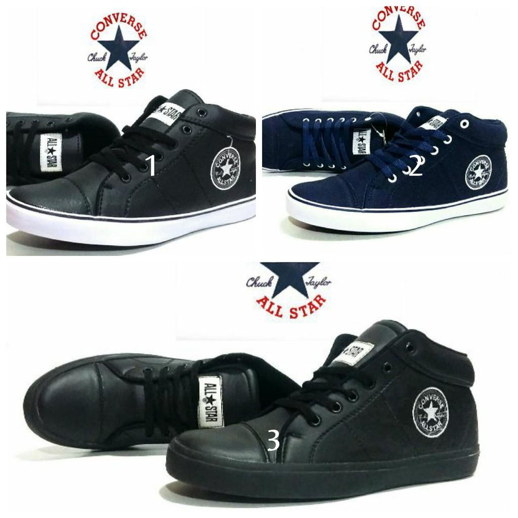 Converse All Star High Kulit Sintetis Kanvas - Full Hitam - Navy - Hitam Sepatu Sneakers