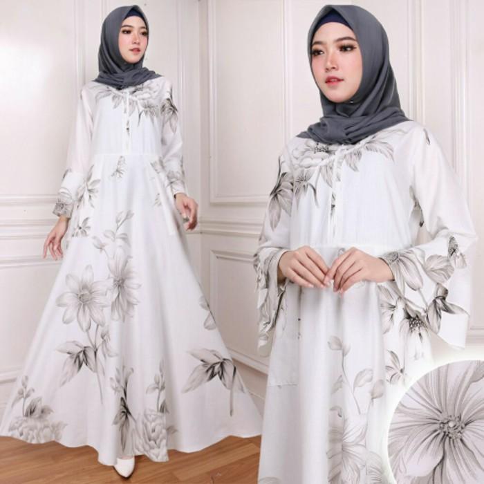 (JNH Shop) Maxy Cantik Bunga Katun Jepang Simpel Gamis Bagus Murah Maxi Grey KT