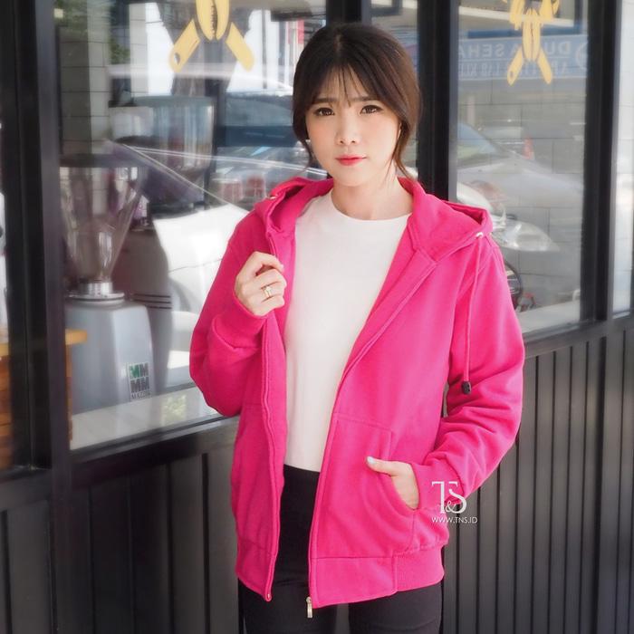 JUAL Jaket Hoodie Zipper Pink Fanta Polos Wanita M - XL