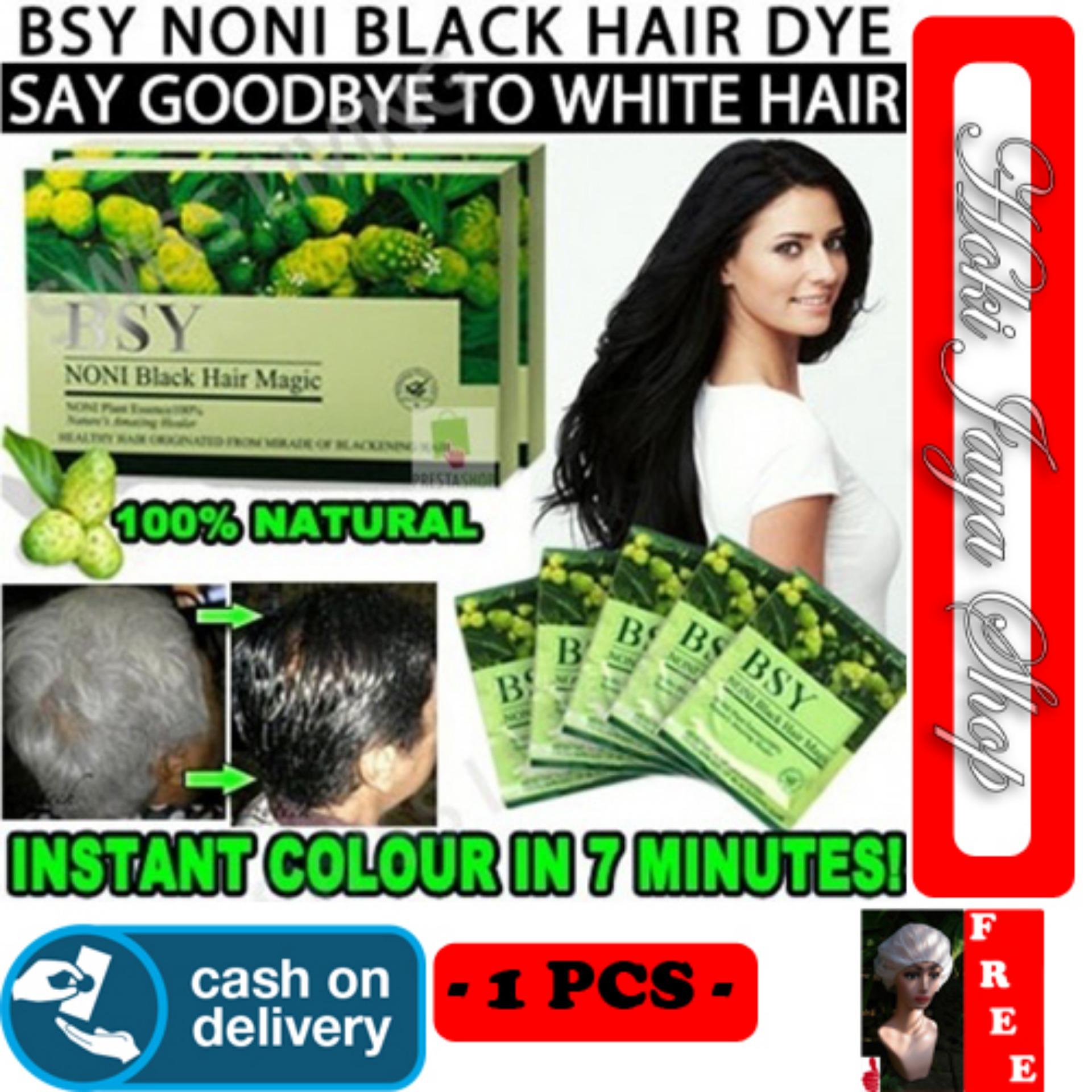 HOKI COD - BSY Noni Black Hair Magic Shampo - Cat Rambut Hitam - Penghitam Rambut - 1 PCS + Gratis Shower Cap - Putih