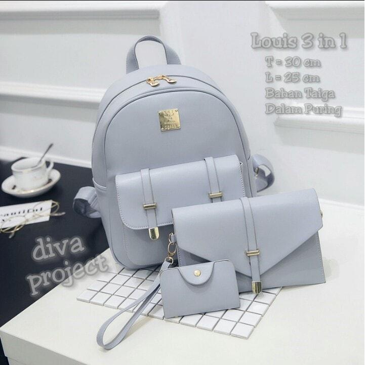 Jual Termurah Tas Ransel Wanita Set Paket 3in1 Louis Abu / Toko Tas Murah Promo