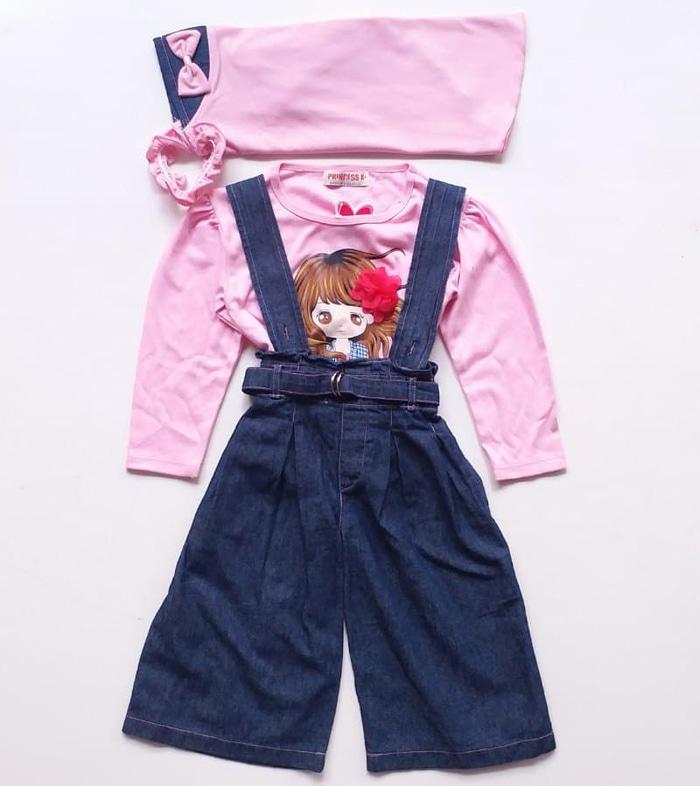 New Baju Muslim Anak Perempuan Cewek Kaos Girl Celana Kulot Overall Jeans
