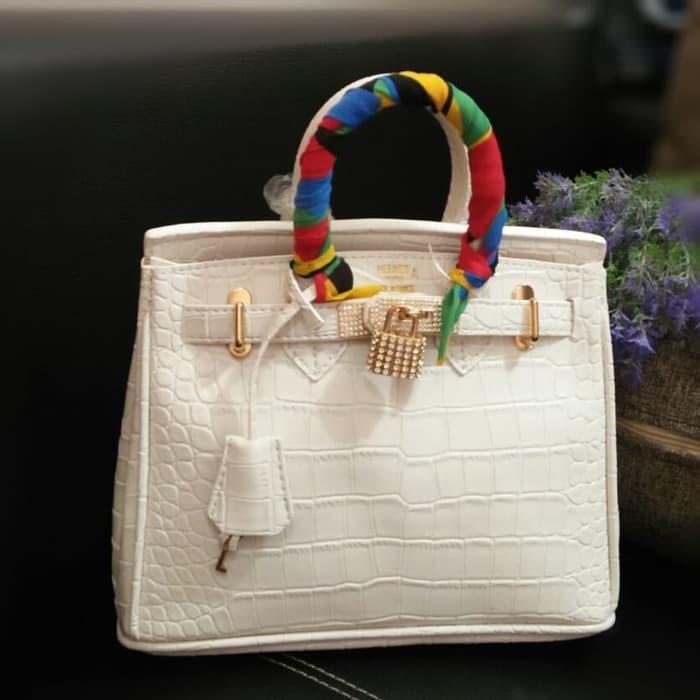 Tas Branded Wanita Hermes Birkin Bahan Croco Dove Ukuran 25CM Mini