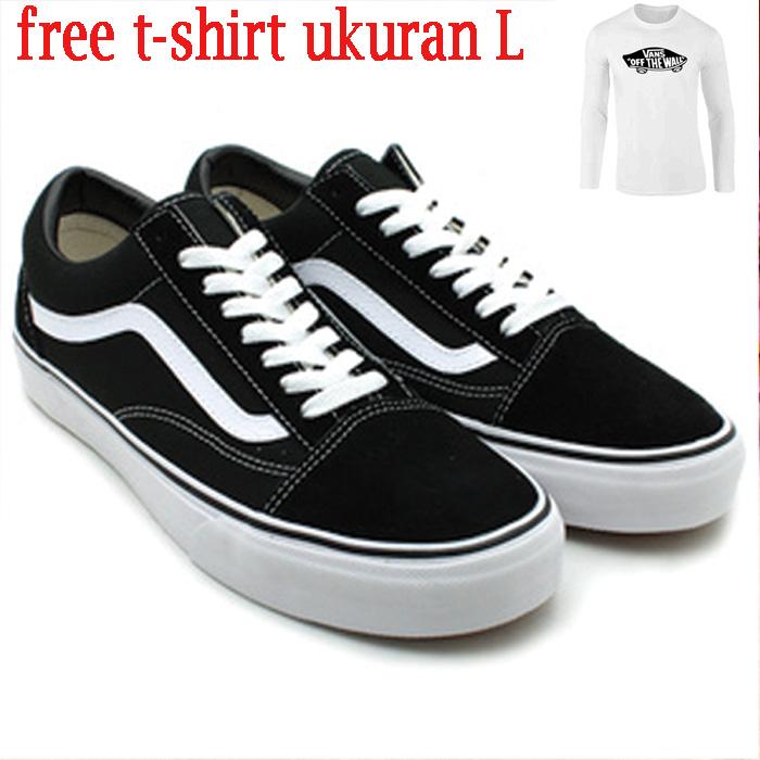 Sepatu Vans Old Skool Classic Black White Sepatu Pria free -tshirt