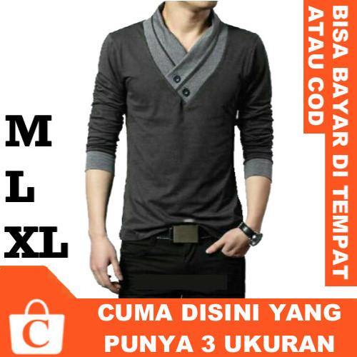 CORATCORETUDIO - Kaos Pria Cowok Laki Laki Lengan Panjang Polos Dada Leher V ABU ABU / 3 Ukuran M L XL / Kecil Kurus Besar Gemuk Gendut Jumbo / Kaos Abu Pria Lengan Panjang / Kaos Abu Cowok Lengan Panjang / Kaos Abu Laki Laki Lengan Panjang