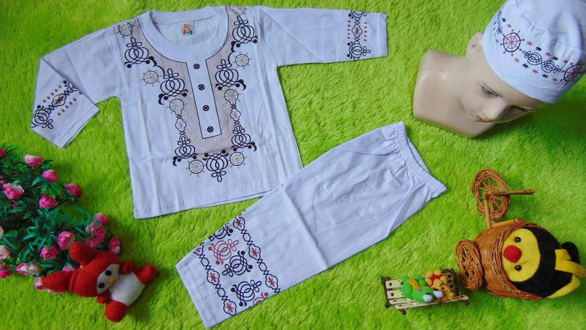 kembarshop - PLUS PECI setelan baju koko muslim anak bayi cowok laki-laki 1-2th putih sablon blink