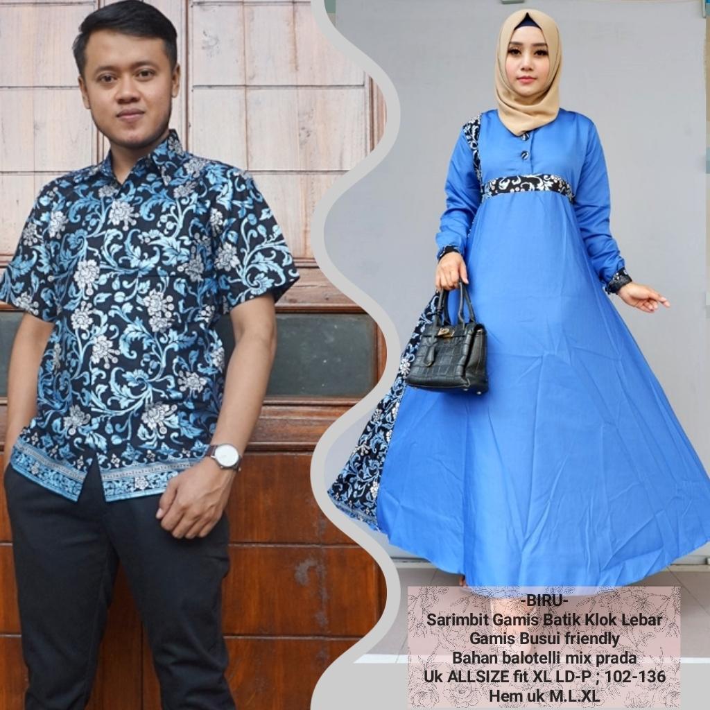 baju couple gamis batik bahan katun terbaru warna biru BSG619