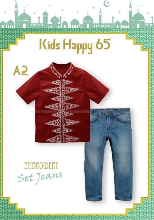 New Baju Muslim Anak Laki KH65 Koko Pendek Bordir Merah Marun Celana Jeans