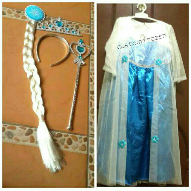 Baju elsa frozen + accerories rambut tongkat dan mahkota
