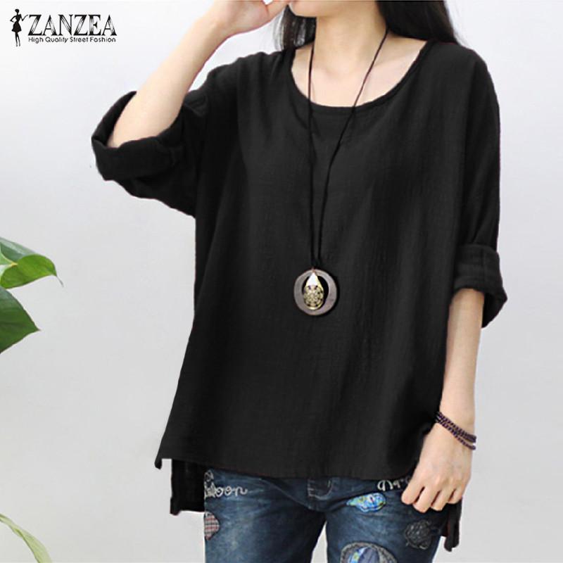 ZANZEA Wanita Retro O Leher Panjang Lengan Split Baggy Cotton Linen Solid Longgar Kasual Atasan Pesta Baju Kamftan Wanita Ukuran Plus (hitam) -Intl