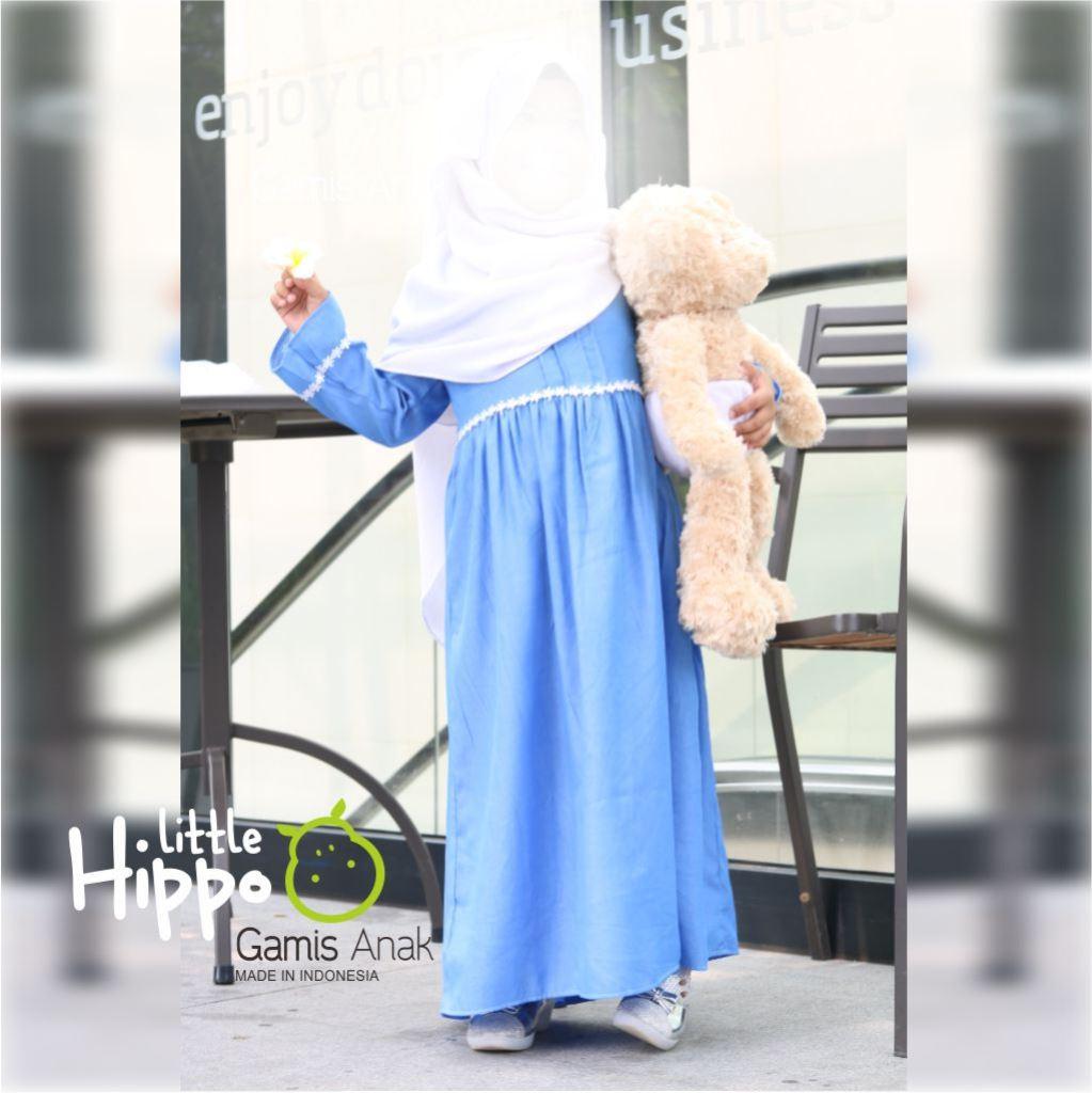 Gamis Baju Anak Perempuan Little Hippo Light Denim Bunga Putih