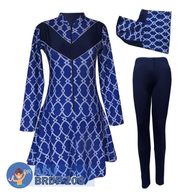 Baju Renang Perempuan Muslim Dewasa Motif Jaring Warna Legging Biru Lengan Panjang untuk BB 45 - 85 Kg dan Size M L XL XXL
