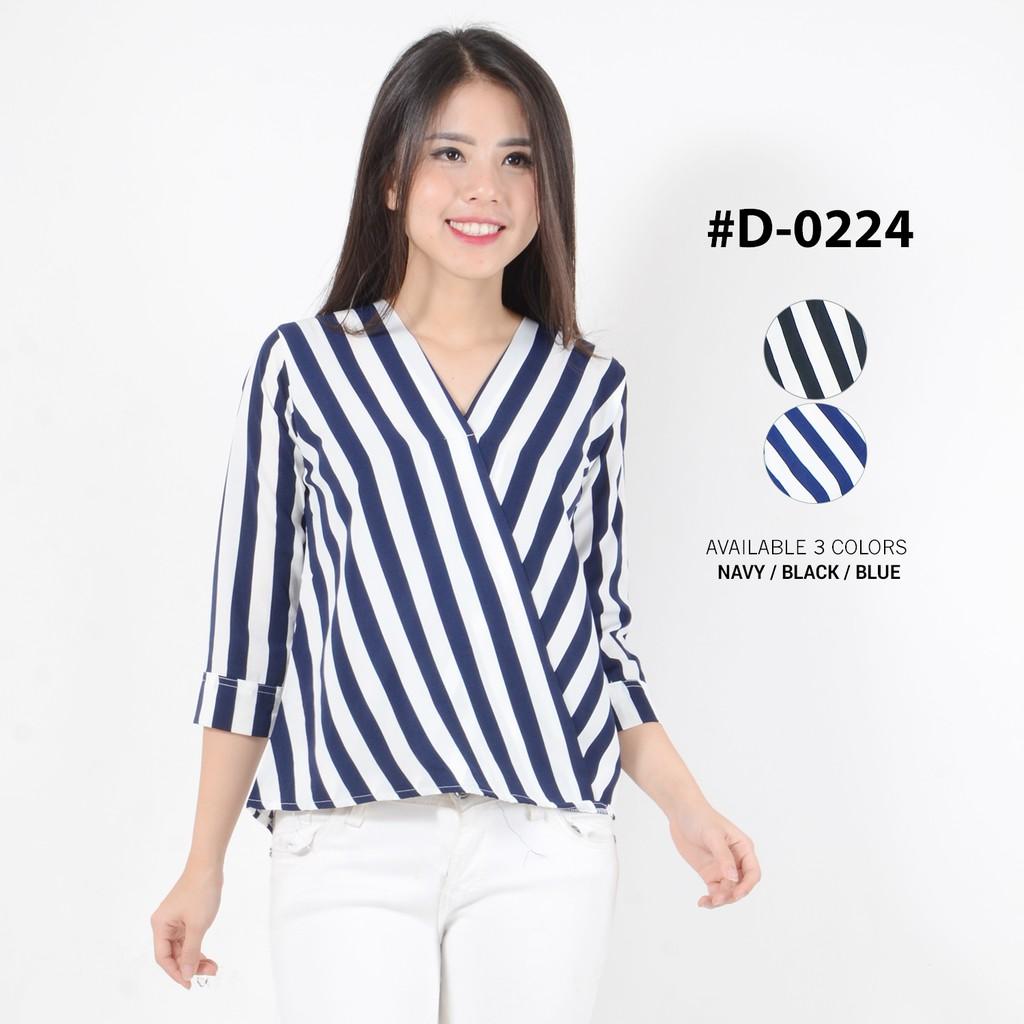 Monellina Fashion Baju Blouse Atasan Kemeja Tangan 3/4 Murah Wanita Kekinian D0224 Yukata Salur