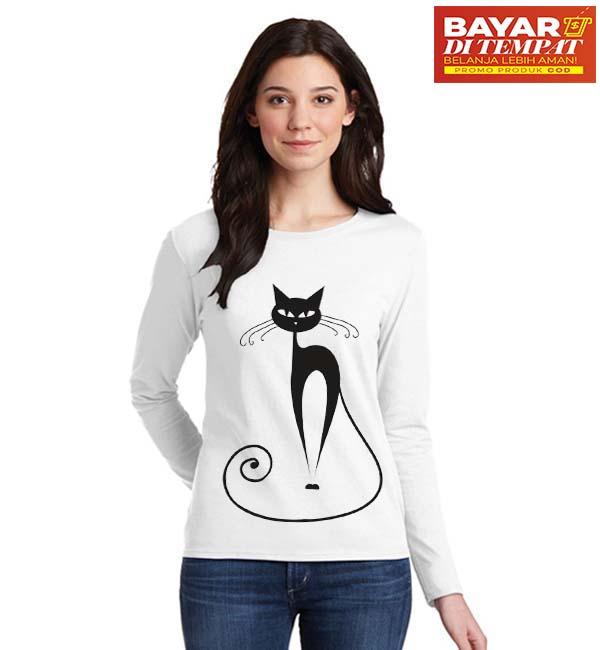Sz Graphics/Black Cat/Long Sleeve Wanita/Kaos Lengan Panjang Wanita/T Shirt Wanita/Kaos Wanita/T Shirt Fashion Wanita/T Shirt Kaos Distro Wanita-Putih