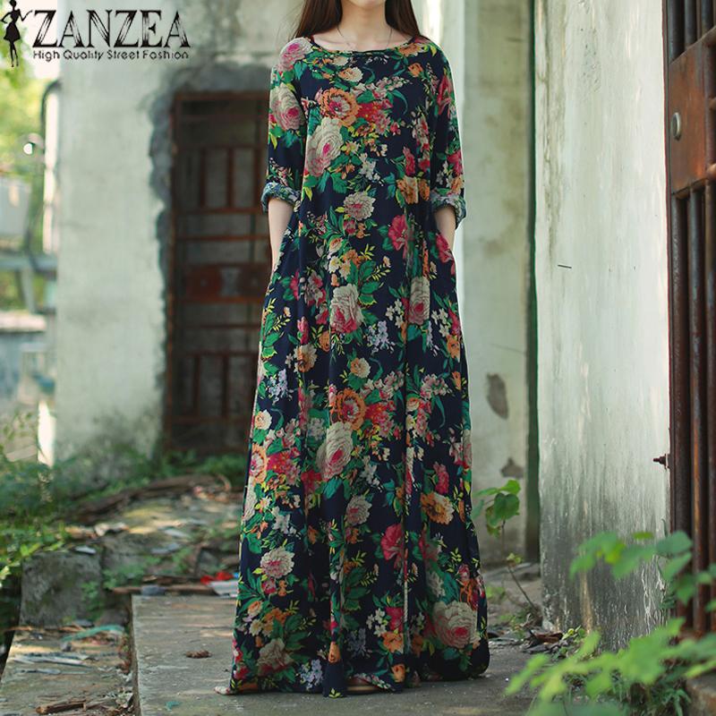 ZANZEA Wanita Lengan Panjang Berwarna Kuning Eye Baju Dolman Vintage Floral Print Gaya Cina Katun Pesta Gaun Panjang Maxi Baggy Ka
ftan Vestido PLUS Ukuran Lebih Angkatan Laut-Internasional