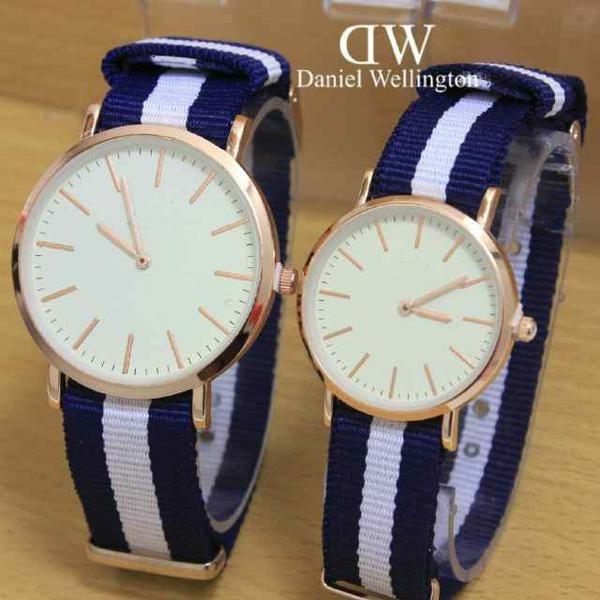 Jam Tangan Tali Kanvas Couple Watch Accessories Stylish Trendy -Navy Blue Strip Putih