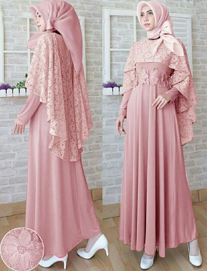 Maxi Githa Pink Variasi Brukat Dan Bunga Timbul Gamis Dres Muslim