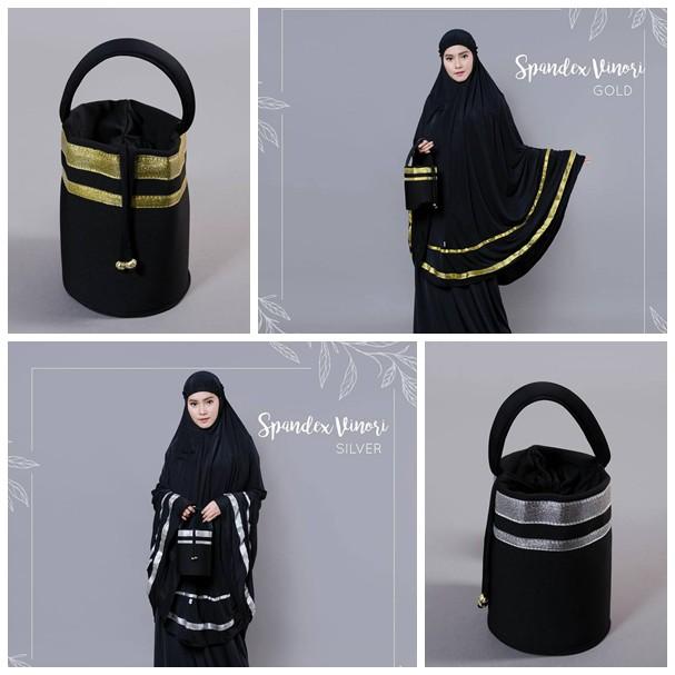 Mukena Umroh !!! Mukena spandek Premium Vinoti Hitam Garis Emas Dan Perak Tampil Simple Dan Elegan Silver