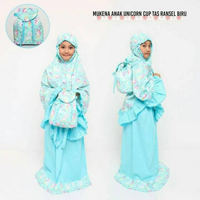 PROMO MUKENA ANAK UNICORN CUP BIRU / GROSIR SUPPLIER AGEN RESELLER MUKENA TASIK TERMURAH TERLARIS XS