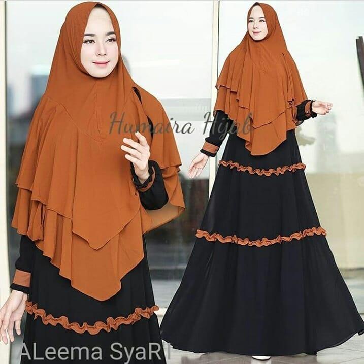 Baju Original Gamis Aleema Syari Dress Baju Panjang Muslim Dress+Khimar Casual Wanita Pakaian Hijab Modern Modis Terbaru