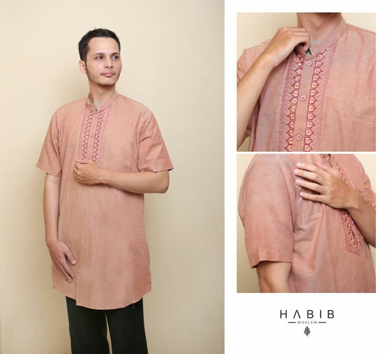 Baju Pria Kemeja Baju Koko Gaul Habib Pendek Merah Muda