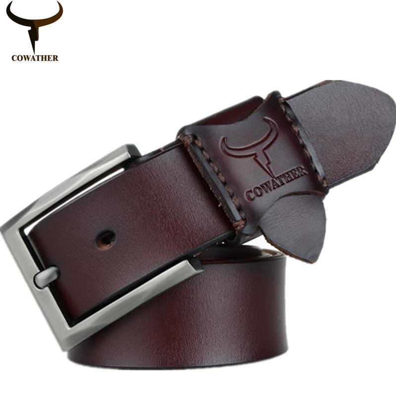 COWATHER Pria Wanita 100% Top Kulit Sapi Gaun Sabuk dengan Pin Gesper Jins Wasit Band Strap Belts Ukuran untuk 28-44 inci