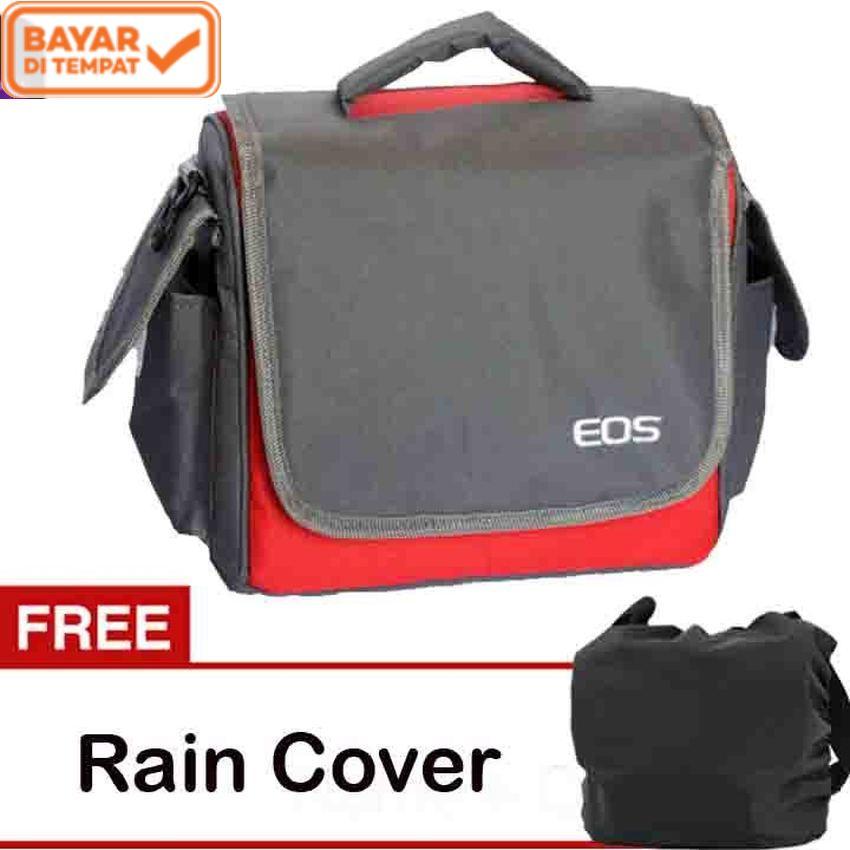 Eos Tas Kamera DSLR Mirrorless Canon 2 Lensa - Merah/Abu-Abu kode UT + Free Rain Cover