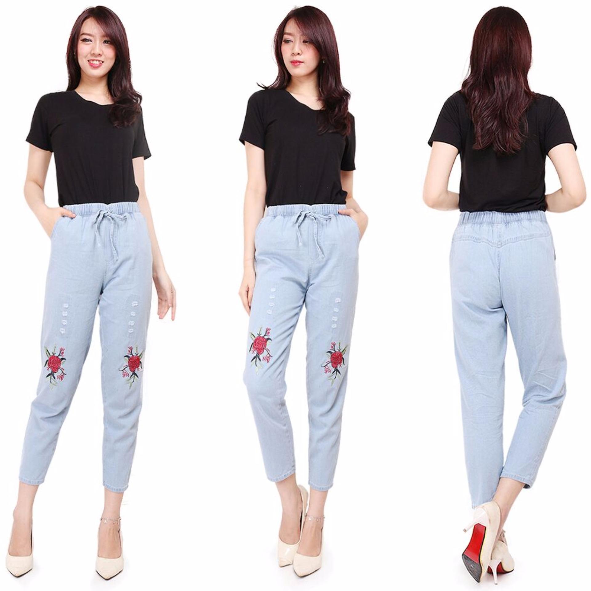 master jeans celana baggy ripped wanita bunga