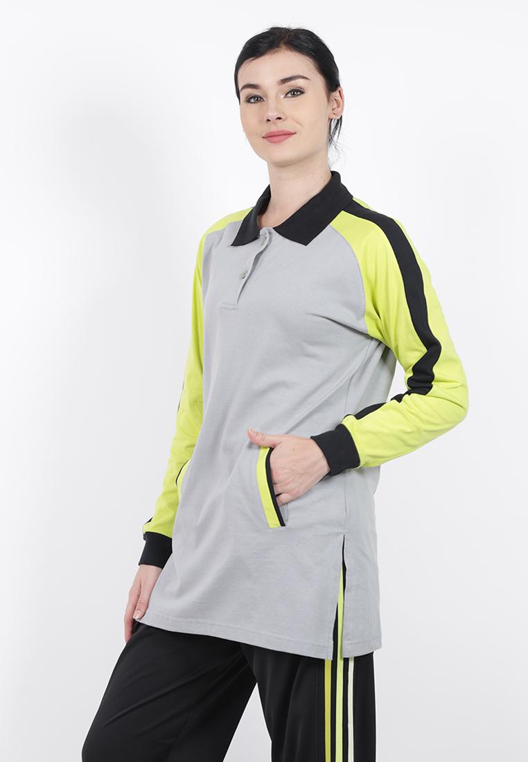 Baju Senam Muslim Brica Polo Lengan Panjang Abu-Abu Hijau Stabilo Atasan