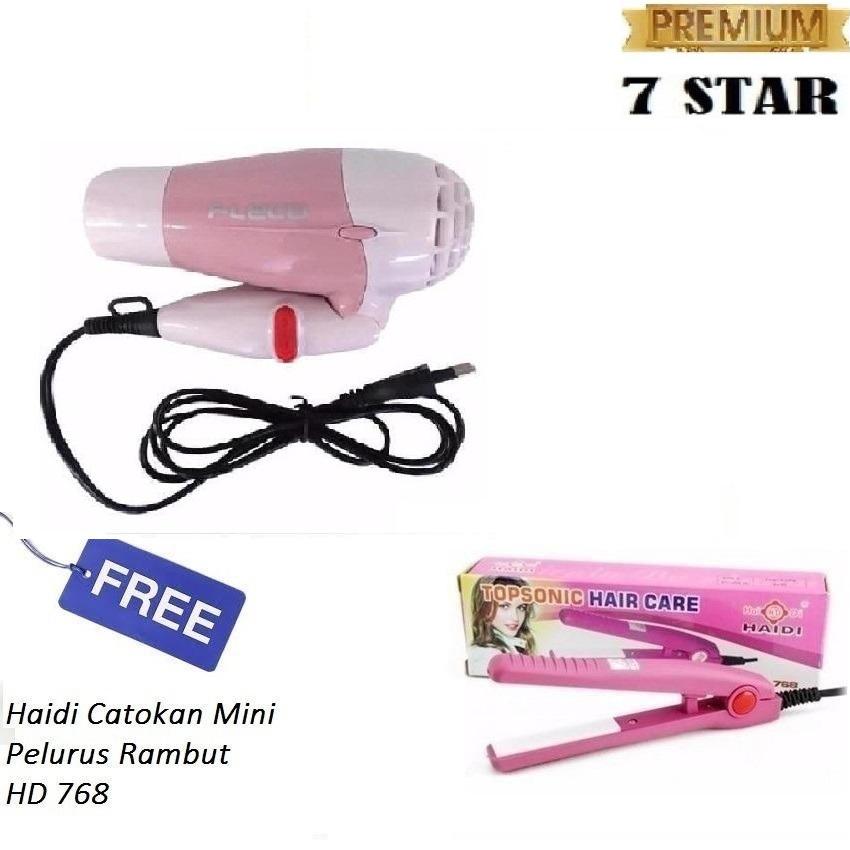 PAKET HEMAT 7STAR - Hair Dryer Lipat Mini Fleco Pengering Rambut + Gratis Haidi Catokan Mini Pelurus Rambut Pink